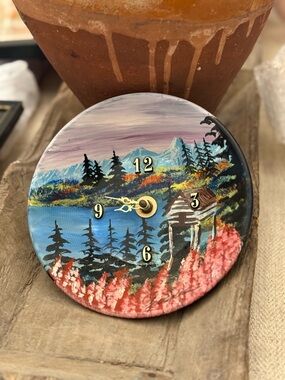 Artisan Signed Hand-Painted Scenic Wall Clock - Blue, Pink & Green